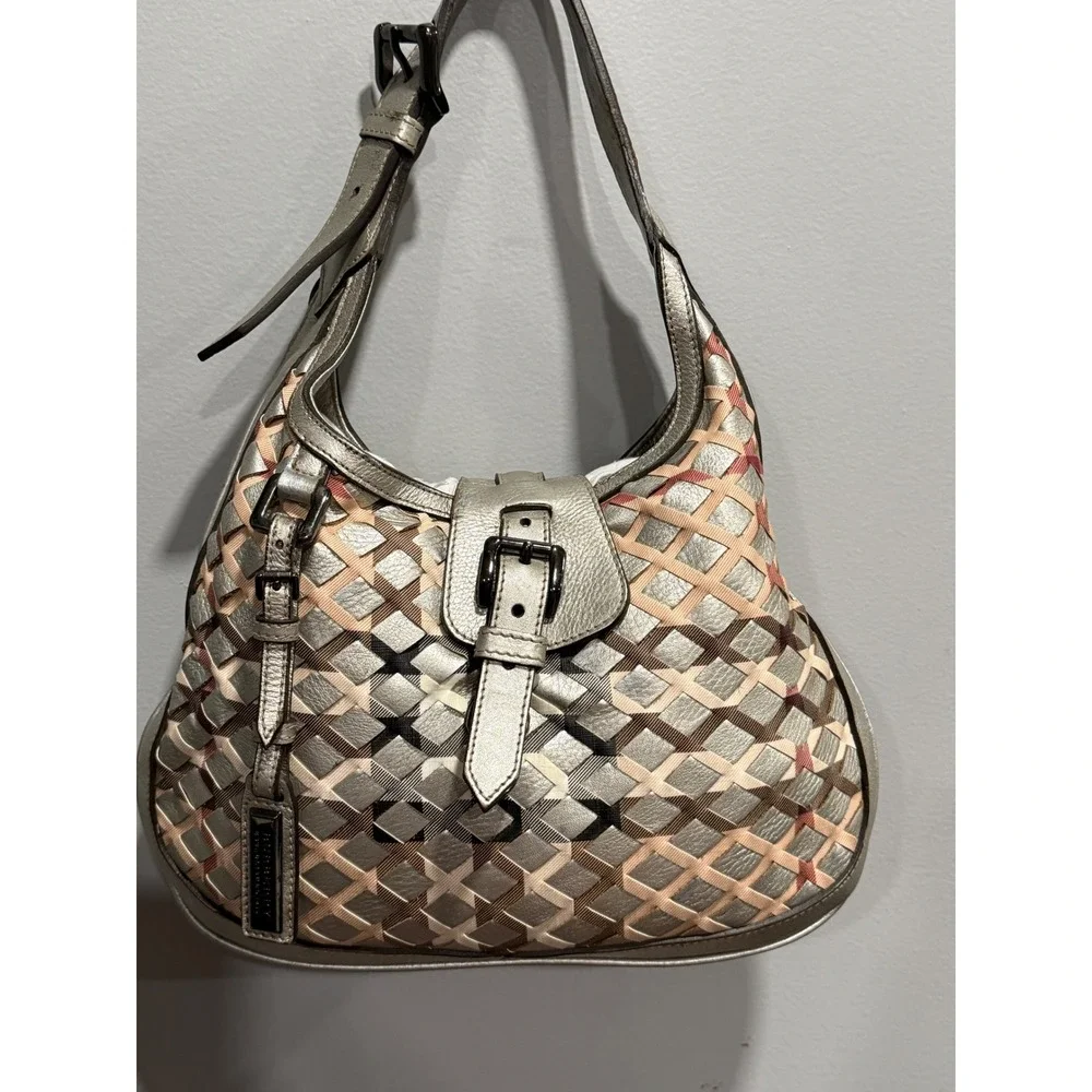 Burberry Metallic Silver Woven Lattice Leather Hobo Bag Nova Check ITEFFEP114SCA